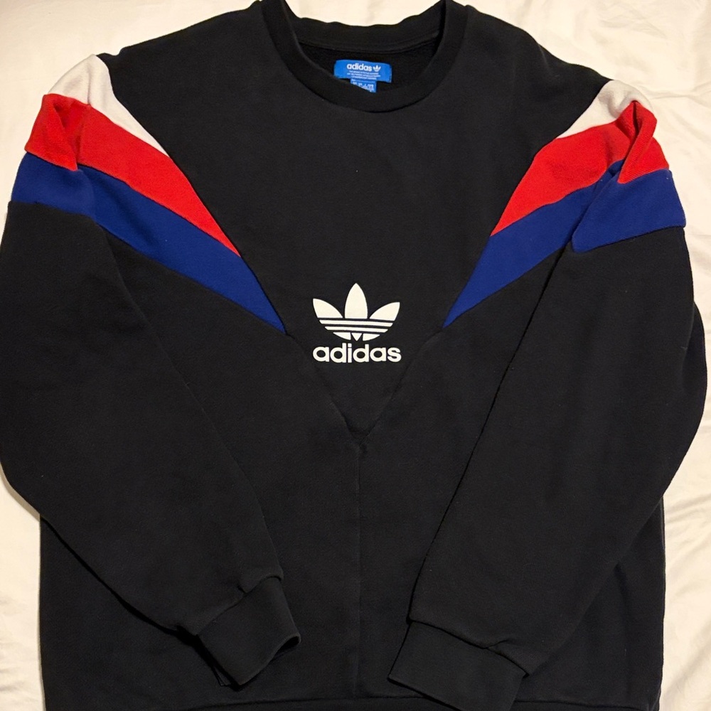 Adidas Black Crewneck Sweater with Red, White, and Blue Stripes
